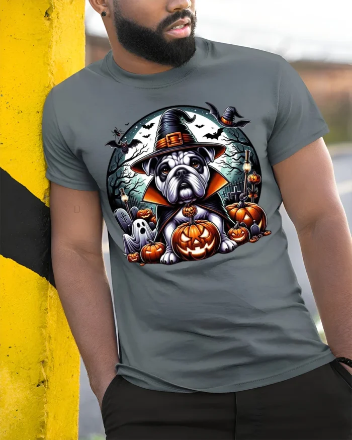 Bulldog Witch Hat Pumpkin Halloween Tshirt Style - model in grey shirt leaning against column
