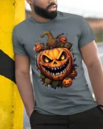 Scary Evil Pumpkin Face Halloween Horror Tshirt - model in grey shirt leaning against column