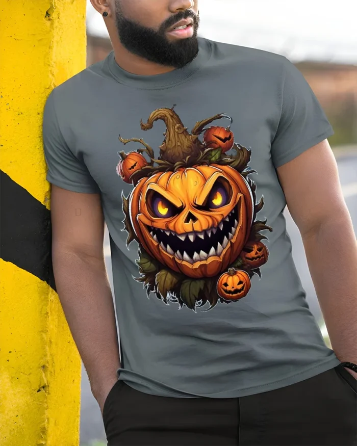 Scary Evil Pumpkin Face Halloween Horror Tshirt - model in grey shirt leaning against column