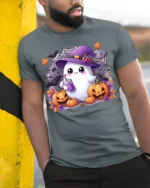 Cute Ghost Witch Hat Pumpkin Halloween Tshirt - model in grey shirt leaning against column