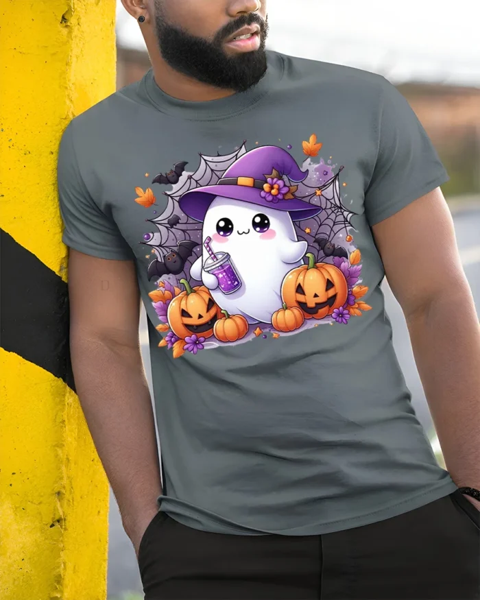 Cute Ghost Witch Hat Pumpkin Halloween Tshirt - model in grey shirt leaning against column