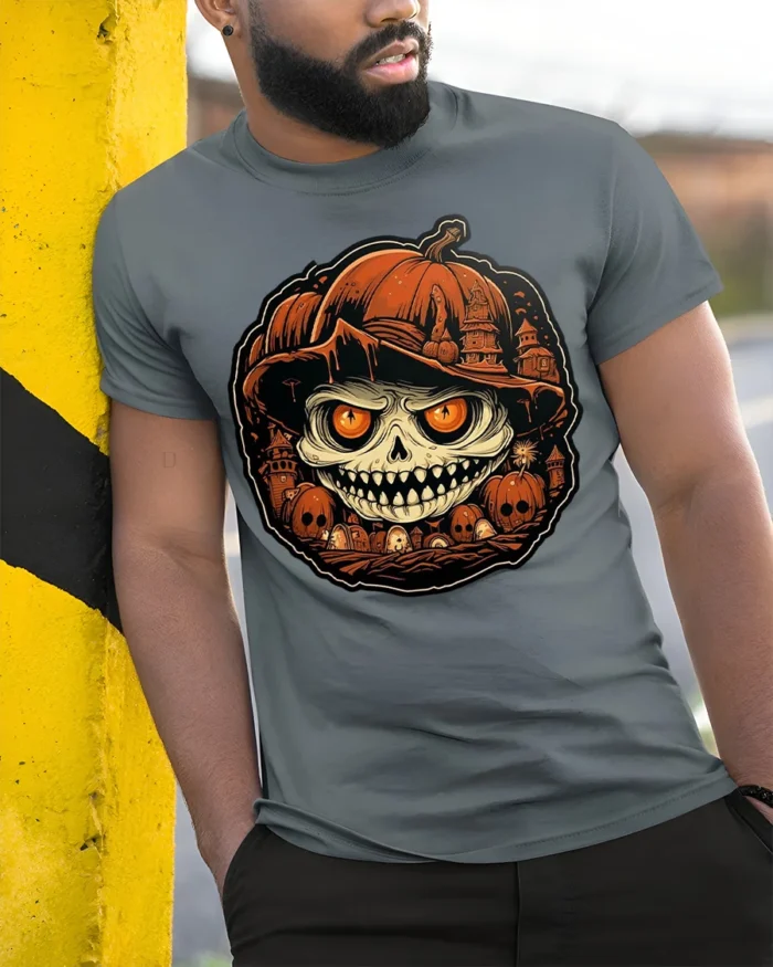 Evil Pumpkin Skull Halloween Horror Tshirt Style - model in grey shirt leaning against column
