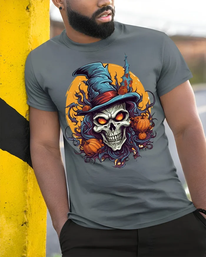 Halloween Skull Witch Hat Pumpkin Tshirt Style - model in grey shirt leaning against column