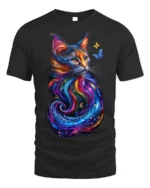 Colorful Cat Art T-Shirt with Butterfly Design - black t-shirt on white background