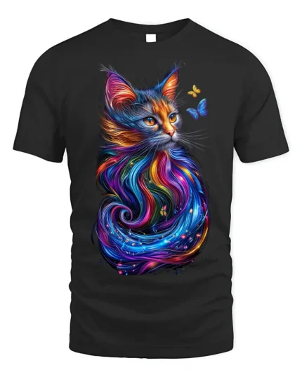 Colorful Cat Art T-Shirt with Butterfly Design - black t-shirt on white background