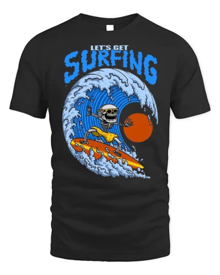 Lets Get Surfing Skeleton Tshirt Retro Wave Graphic - black t-shirt on white background