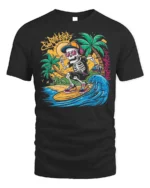 Skeleton Surfing Tshirt Retro Beach Wave Graphic Tee - black t-shirt on white background