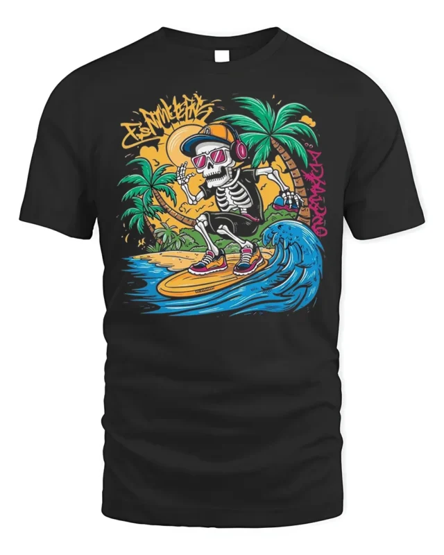 Skeleton Surfing Tshirt Retro Beach Wave Graphic Tee - black t-shirt on white background