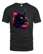 Colorful Black Cat Tshirt Vibrant Neon Art Graphic - black t-shirt on white background