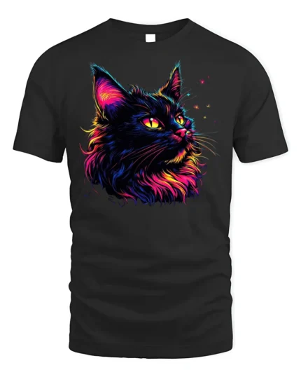 Colorful Black Cat Tshirt Vibrant Neon Art Graphic - black t-shirt on white background
