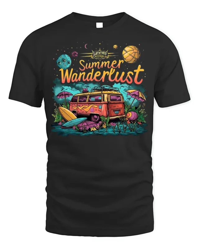 Summer Wanderlust Van Tshirt Retro Travel Vibe - black t-shirt on white background