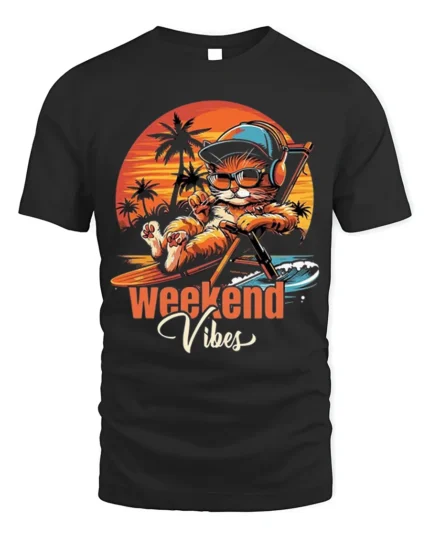 Weekend Vibes Cat Tshirt Retro Chill Sunset Tee - black t-shirt on white background