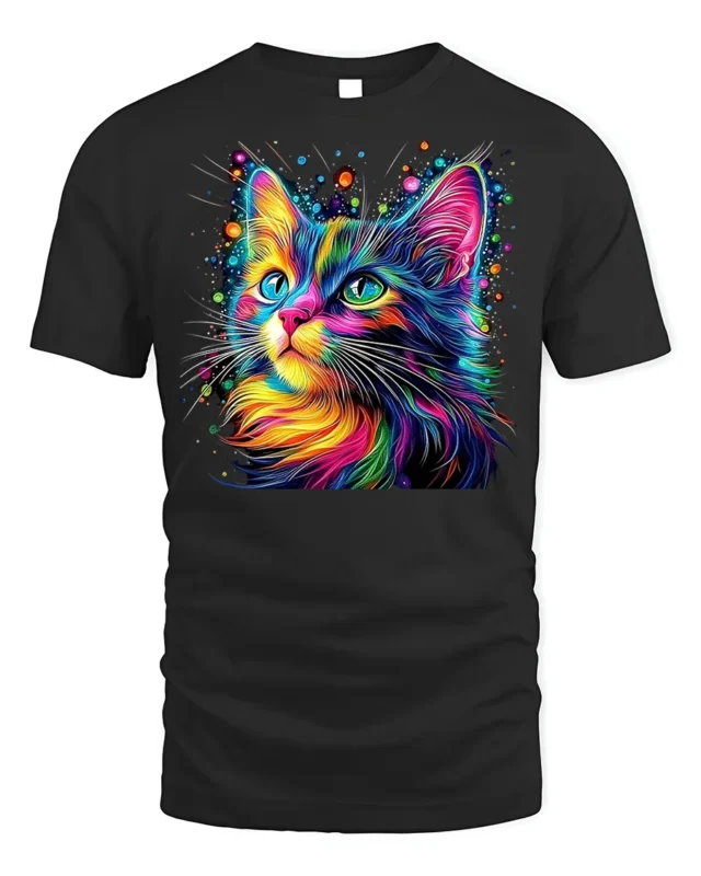 Colorful Cat Tshirt Vibrant Rainbow Art Graphic - black t-shirt on white background