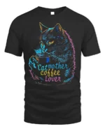 Cat Mother Coffee Lover Tshirt Neon Art Graphic - black t-shirt on white background