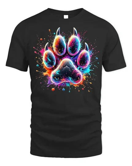 Colorful Paw Print Tshirt Vibrant Animal Art Tee - black t-shirt on white background