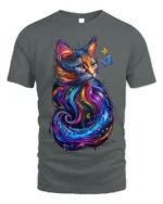 Colorful Cat Art T-Shirt with Butterfly Design - gray t-shirt on white background