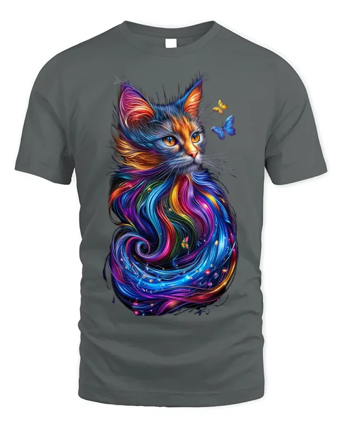 Colorful Cat Art T-Shirt with Butterfly Design - gray t-shirt on white background