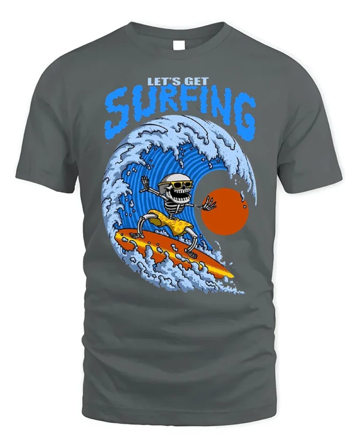 Lets Get Surfing Skeleton Tshirt Retro Wave Graphic - gray t-shirt on white background