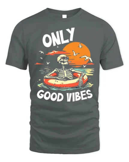 Only Good Vibes Skeleton Tshirt Retro Beach Style - gray t-shirt on white background