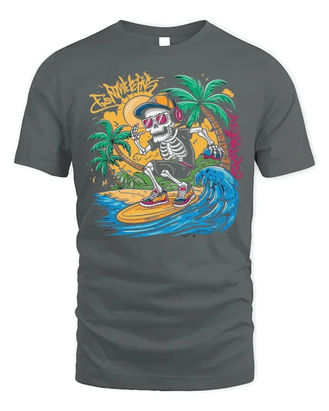 Skeleton Surfing Tshirt Retro Beach Wave Graphic Tee - gray t-shirt on white background