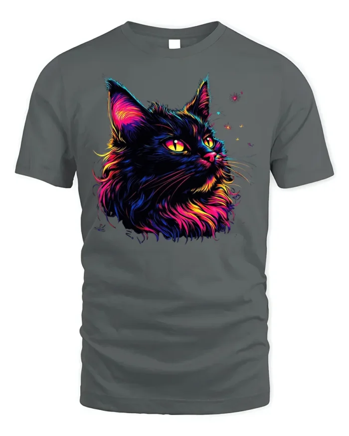 Colorful Black Cat Tshirt Vibrant Neon Art Graphic - gray t-shirt on white background