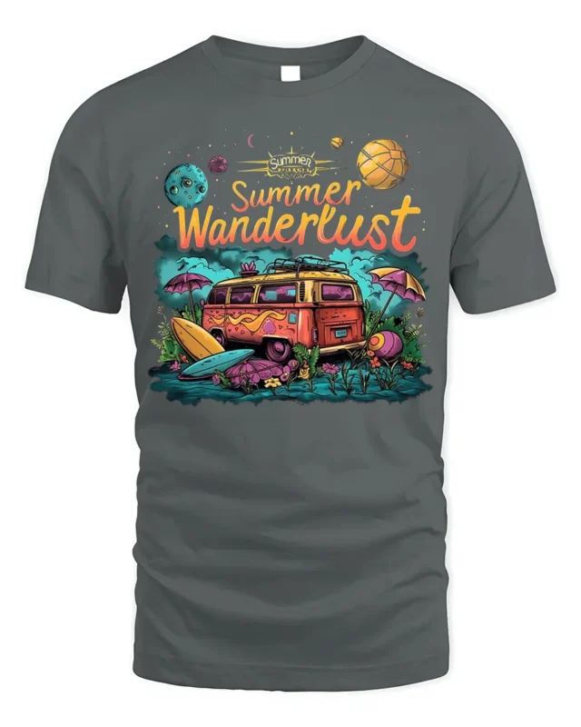Summer Wanderlust Van Tshirt Retro Travel Vibe - gray t-shirt on white background