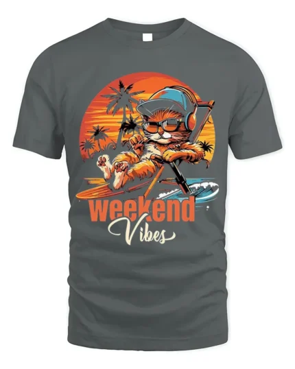 Weekend Vibes Cat Tshirt Retro Chill Sunset Tee - gray t-shirt on white background