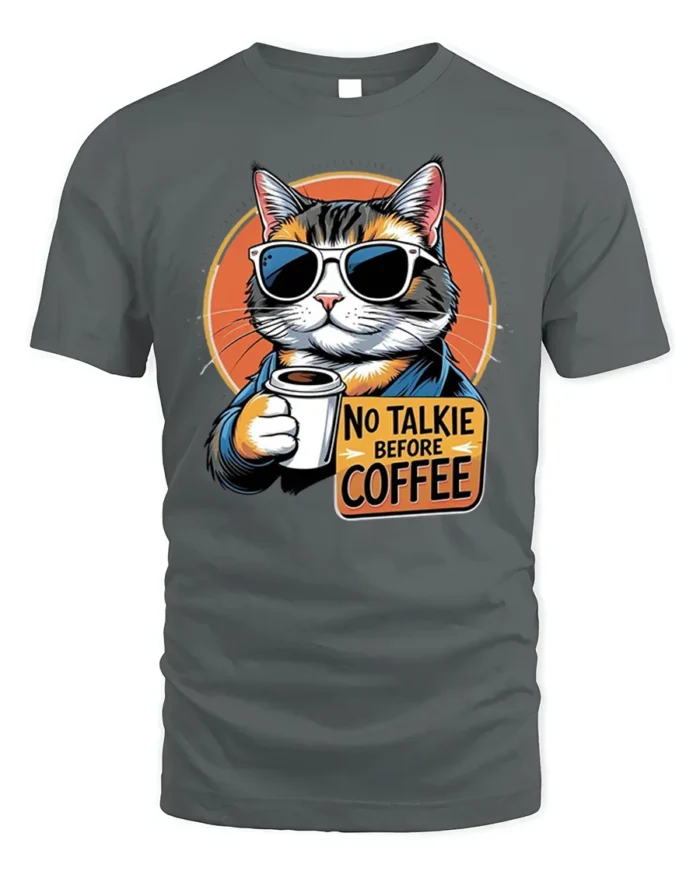 No Talkie Before Coffee Cat Funny Graphic Tshirt - gray t-shirt on white background