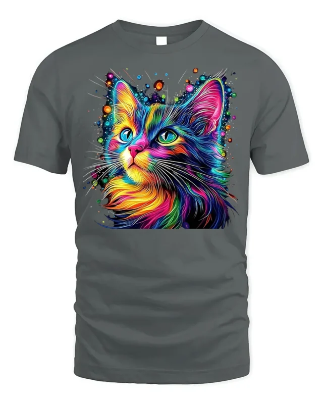 Colorful Cat Tshirt Vibrant Rainbow Art Graphic - gray t-shirt on white background
