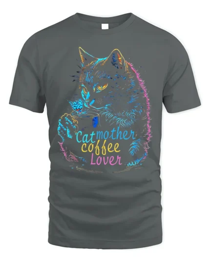 Cat Mother Coffee Lover Tshirt Neon Art Graphic - gray t-shirt on white background