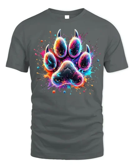 Colorful Paw Print Tshirt Vibrant Animal Art Tee - gray t-shirt on white background