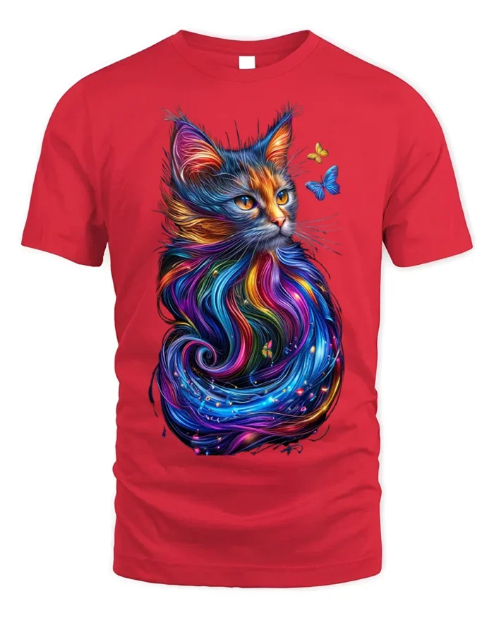 Colorful Cat Art T-Shirt with Butterfly Design - red t-shirt on white background