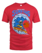 Lets Get Surfing Skeleton Tshirt Retro Wave Graphic - red t-shirt on white background