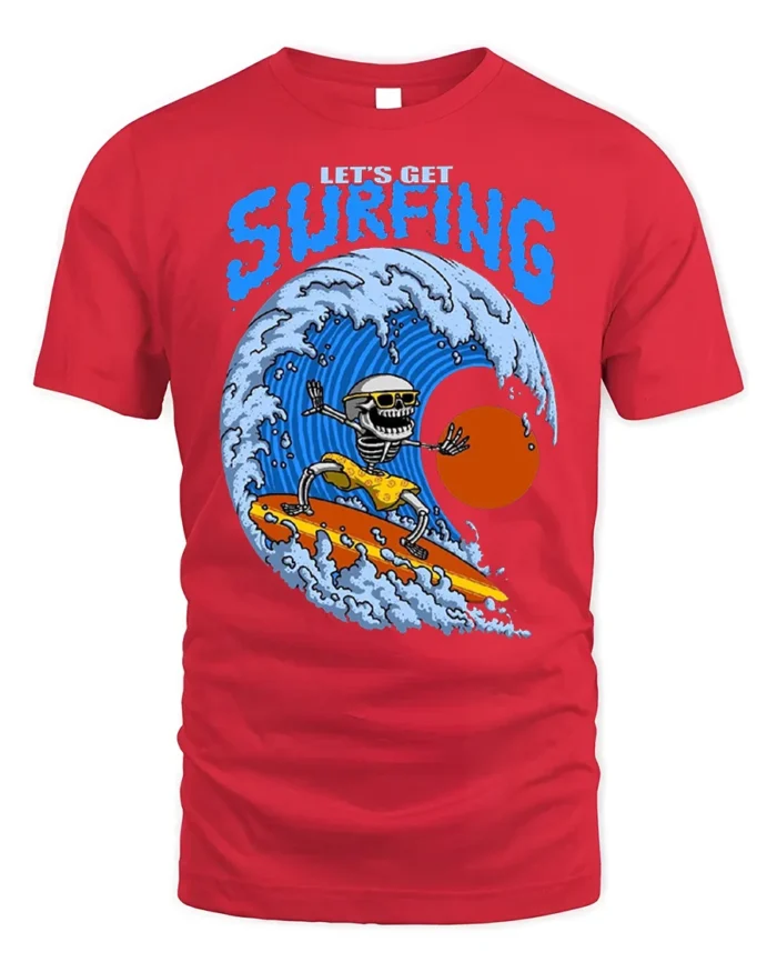 Lets Get Surfing Skeleton Tshirt Retro Wave Graphic - red t-shirt on white background