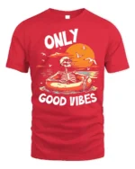 Only Good Vibes Skeleton Tshirt Retro Beach Style - red t-shirt on white background