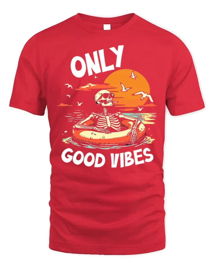 Only Good Vibes Skeleton Tshirt Retro Beach Style - red t-shirt on white background