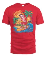 Skeleton Surfing Tshirt Retro Beach Wave Graphic Tee - red t-shirt on white background
