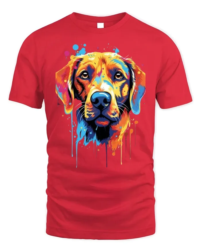 Colorful Dog Tshirt Vibrant Labrador Art Graphic - red t-shirt on white background