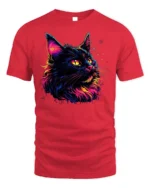 Colorful Black Cat Tshirt Vibrant Neon Art Graphic - red t-shirt on white background
