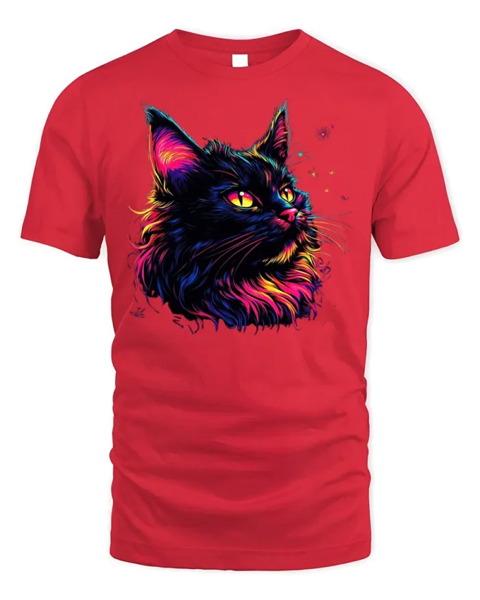 Colorful Black Cat Tshirt Vibrant Neon Art Graphic - red t-shirt on white background