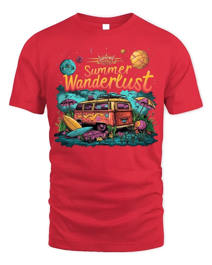 Summer Wanderlust Van Tshirt Retro Travel Vibe - red t-shirt on white background