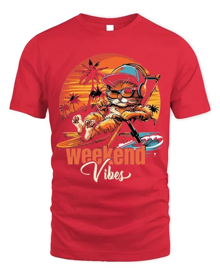 Weekend Vibes Cat Tshirt Retro Chill Sunset Tee - red t-shirt on white background