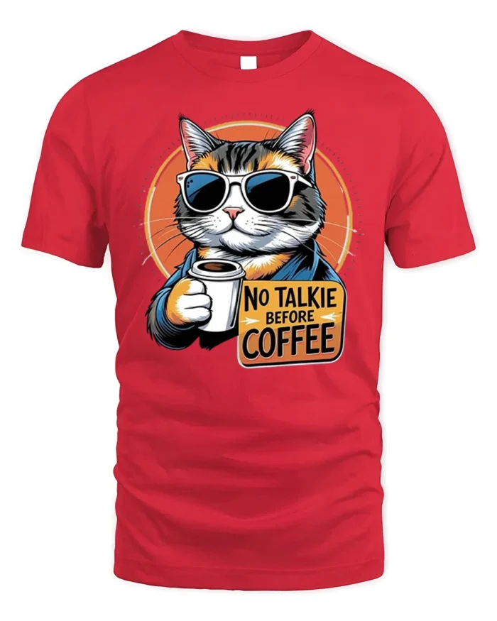 No Talkie Before Coffee Cat Funny Graphic Tshirt - red t-shirt on white background