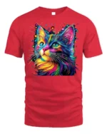 Colorful Cat Tshirt Vibrant Rainbow Art Graphic - red t-shirt on white background