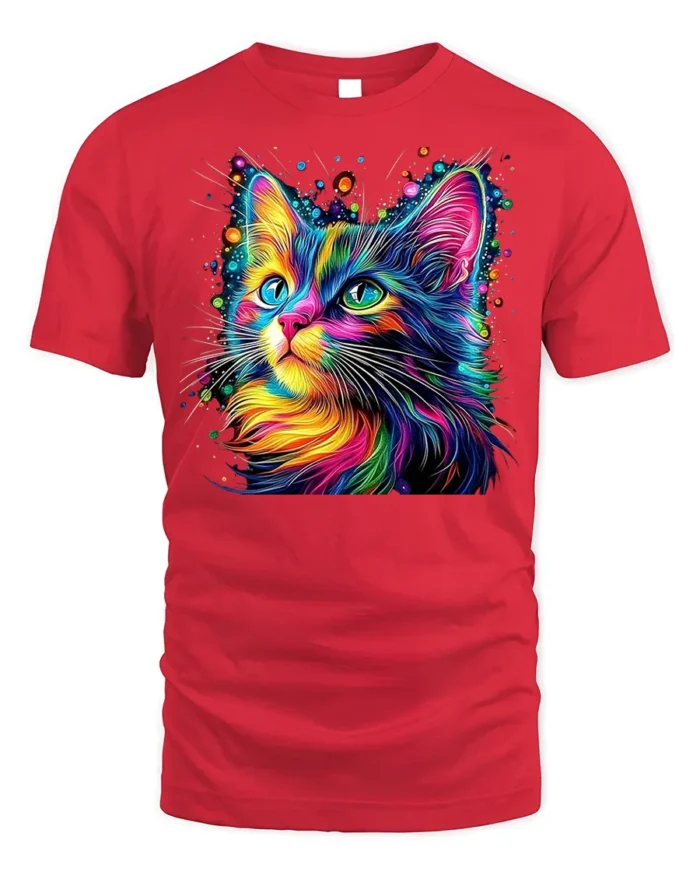 Colorful Cat Tshirt Vibrant Rainbow Art Graphic - red t-shirt on white background