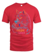 Cat Mother Coffee Lover Tshirt Neon Art Graphic - red t-shirt on white background