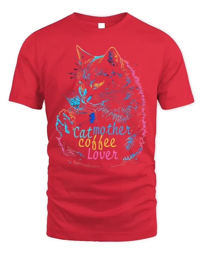 Cat Mother Coffee Lover Tshirt Neon Art Graphic - red t-shirt on white background