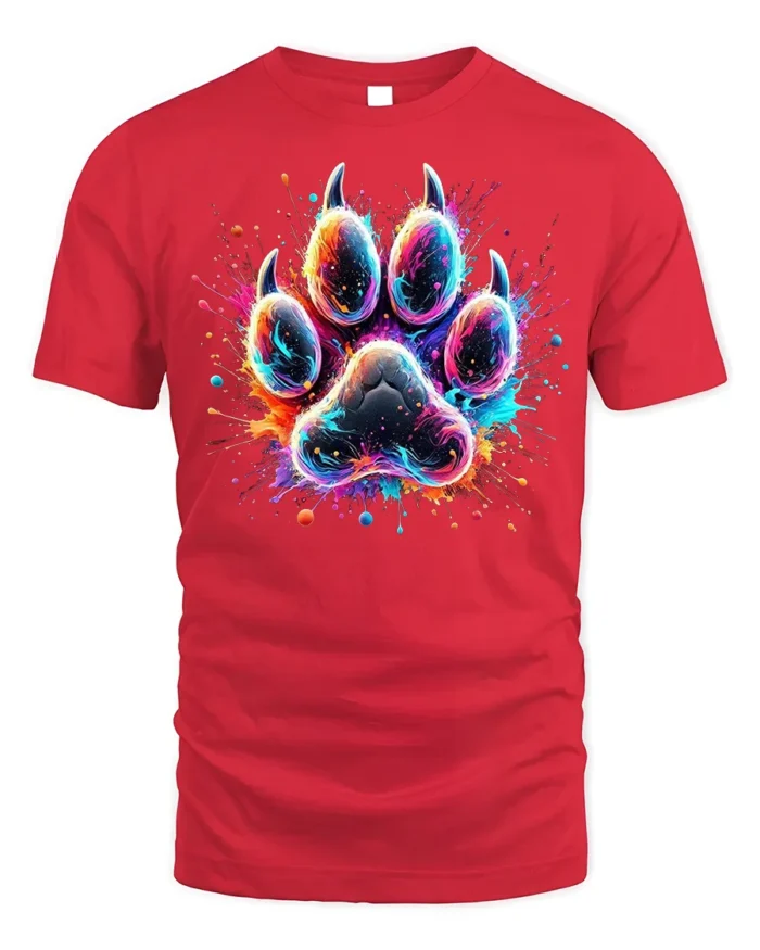Colorful Paw Print Tshirt Vibrant Animal Art Tee - red t-shirt on white background