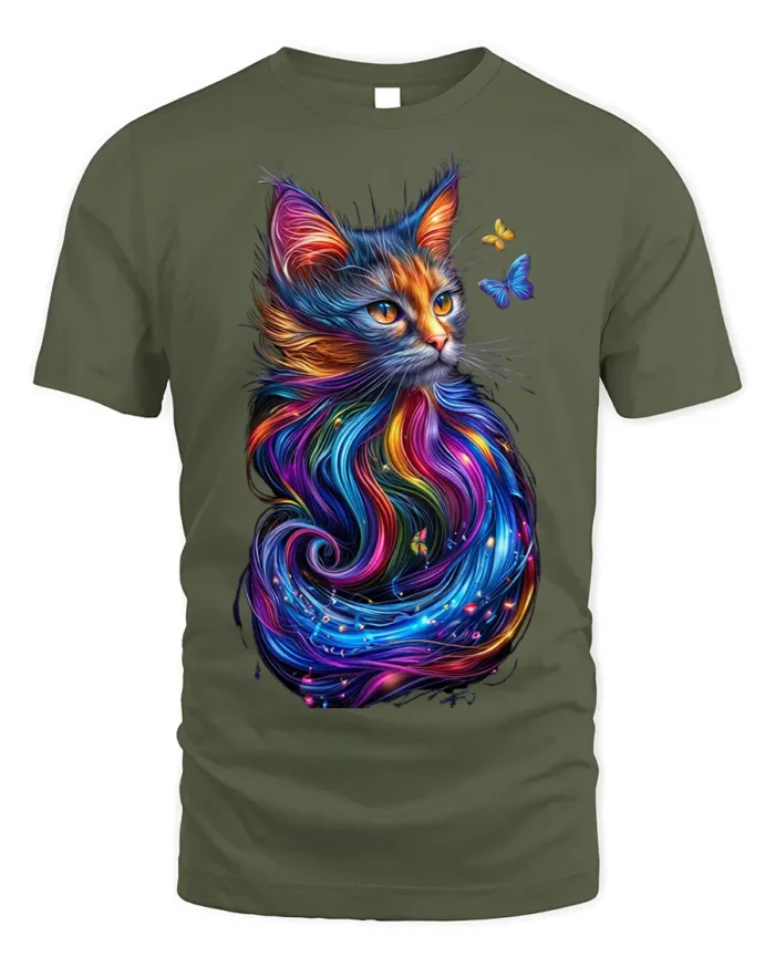 Colorful Cat Art T-Shirt with Butterfly Design - military green t-shirt on white background