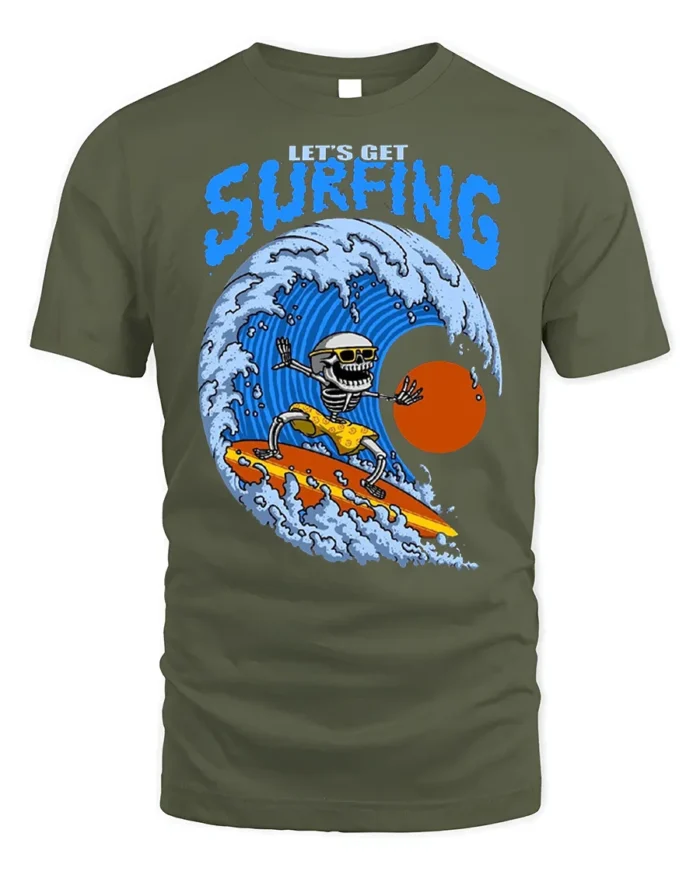 Lets Get Surfing Skeleton Tshirt Retro Wave Graphic - military green t-shirt on white background